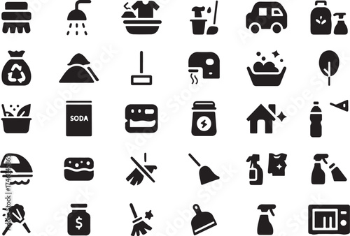 cleaning icons, home care, housekeeping symbol, detergent bottle, spray cleaner, mop bucket, dusting symbol, washing icon, house hygiene, cleaning products