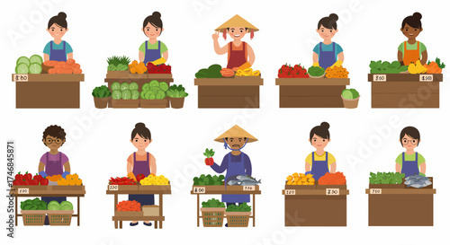 Ten cartoon vendors selling produce and fish at market stalls