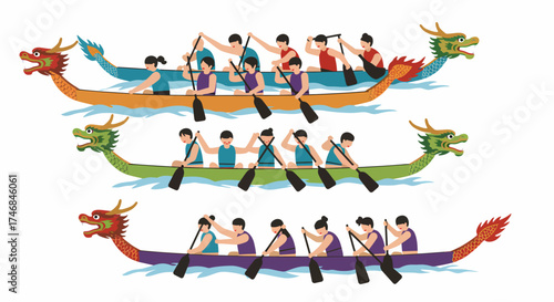 Three stylized dragon boats filled with rowers moving across water