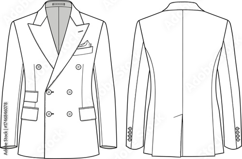 Double breasted men’s blazer flat sketch, front and back view, tailored suit jacket design, fashion apparel illustration, garment construction technical drawing