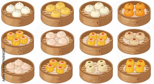 Twelve bamboo steamers filled with various types of dim sum on a white background