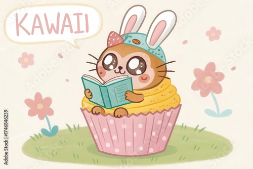 Cute cartoon bunny reading a book while sitting in a colorful cupcake surrounded by flowers