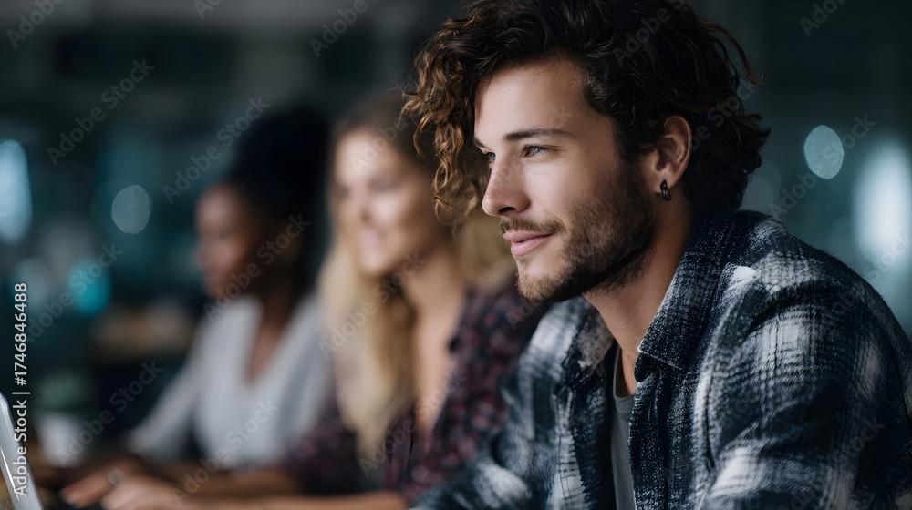 Fototapeta premium A young man and colleagues collaborate in a modern softly lit office setting