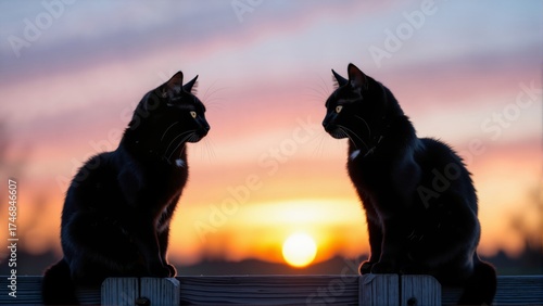 Magical black cat silhouette against vibrant sunset, two cats facing each other with intense expressions. Concept of Halloween magic and mystery in soft, painterly style.