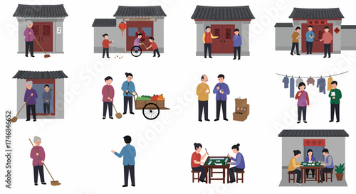 Twelve vignettes show Chinese people performing daily activities outside traditional homes