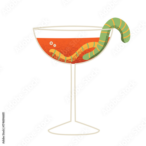 Glass with a drink and worms, spooky and creepy Halloween cocktail illustration