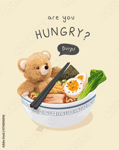 bear doll in noodle bowl vector illustration - hand drawn
