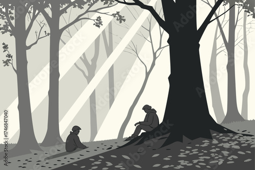  misty forest scene, sun rays beaming through trees, fallen leaves on ground, two figures sitting on tree trunks, contemplative landscape, dramatic lighting, moody atmosphere, digital painting, fant