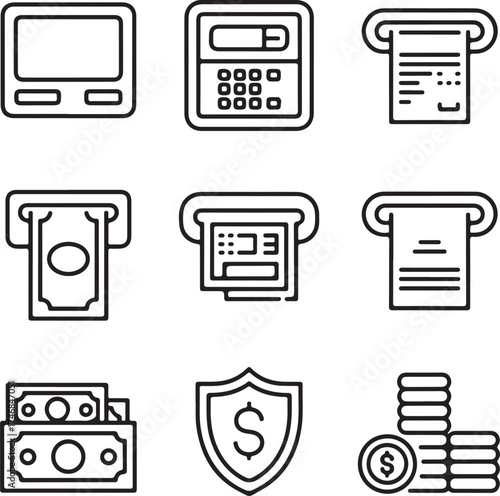 Automated Teller Outline Icons ATM Screen, Card Slot, Banknotes, Receipt, Security Shield, and Coins