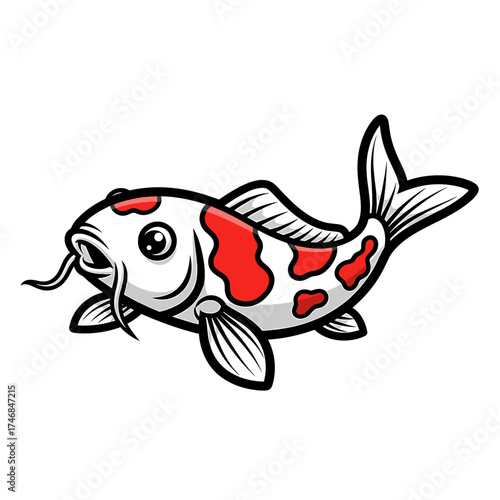 Cartoon illustration of a white koi fish with red markings, whiskers, and fins, swimming to the right.