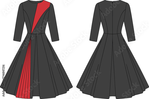 Elegant long sleeve evening dress, dark gray with red accents, asymmetrical fashion design, pleated skirt detail, modern women’s formal wear
