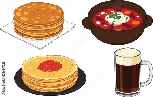 Eastern European food illustration, pancakes borscht caviar and beer, traditional cuisine artwork, cultural meal drawing, festive culinary design