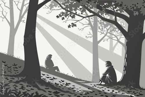  misty forest scene, sun rays beaming through trees, fallen leaves on ground, two figures sitting on tree trunks, contemplative landscape, dramatic lighting, moody atmosphere, digital painting, fant