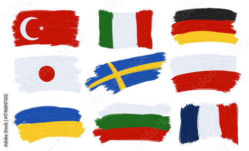 Set of flags, National state flags of countries: Turkey, Italy, Germany, Japan, Sweden, Poland, Ukraine, Hungary, France. State symbols, white isolated background