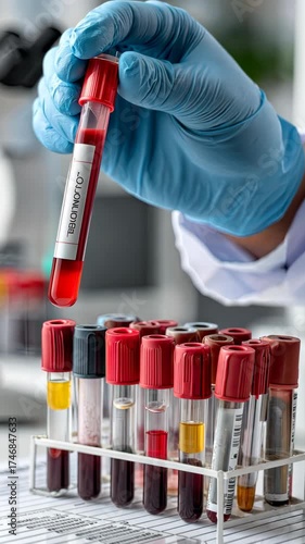 Hand in blue glove holds blood sample tube in laboratory filled with various test tubes during examination of medical results