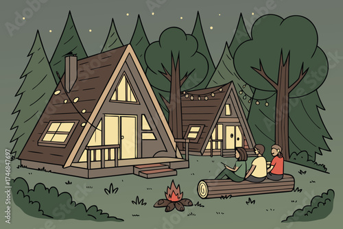  detailed illustration, a-frame cabins in a forest setting, campfire, people sitting on logs, fairy lights strung between cabins, lush green trees, night time atmosphere, warm lighting, cozy outdoor