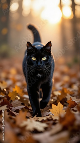 Magical black cat silhouette walking through autumn leaves at sunset. Concept of peaceful Halloween atmosphere with warm golden lighting, serene vibe, enchanting scenery.