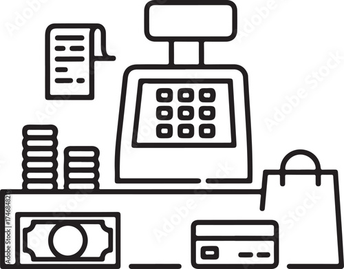 Cash Register Outline Icons Checkout Machine, Receipt, Coins, Banknotes, Credit Card, and Shopping Bag