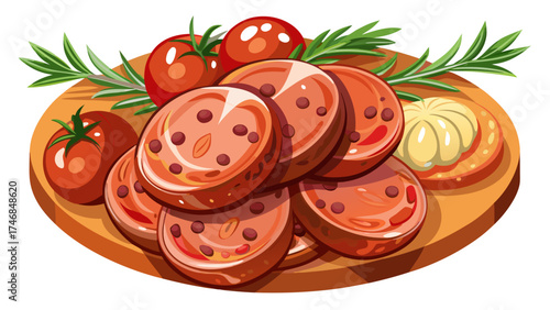 Very beautiful top view of flavorful boiled sausage slices garnished with fresh rosemary and cherry tomato, vector-style illustration emphasizing texture, color contrast, and appetizing presentation 