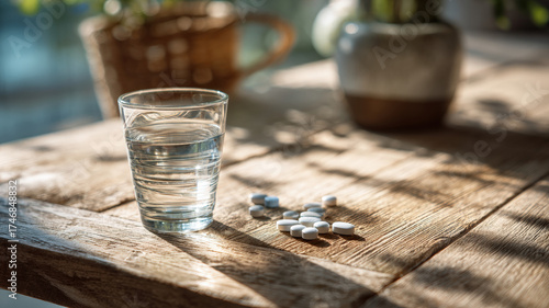 Glass Of Water With White Pills On Wooden Table Sunlight Home Healthcare Morning Routine Wellness Concept