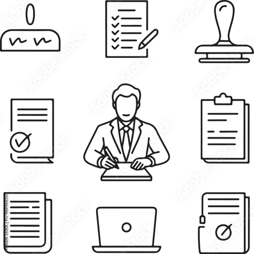 Corporate Deal Hand-Drawn Line Icon Pack Businessman, Agreement File, Stamp, Checklist, Laptop, and Legal Documents