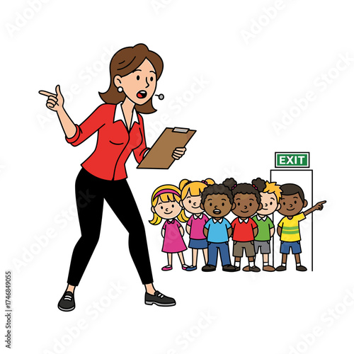 A teacher directing a line of children towards an exit door.