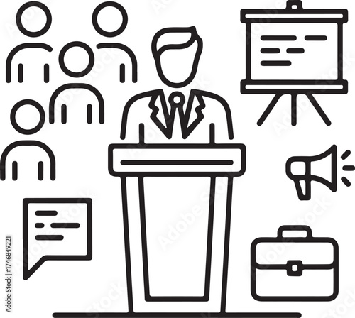 Corporate Leader Outline Icons Podium, Microphone, Businessperson, Audience, Speech Notes, and Presentation Board