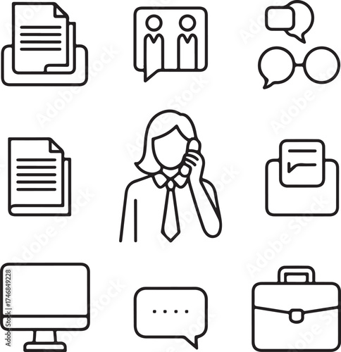 Corporate Executive Vector Icons Businesswoman, Phone Call, Documents, Computer, Briefcase, and Communication Symbols