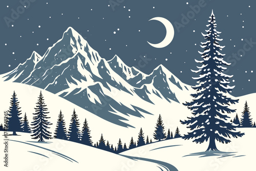  winter landscape, snowy mountains, pine trees, crescent moon, night sky, stars, snow, digital art