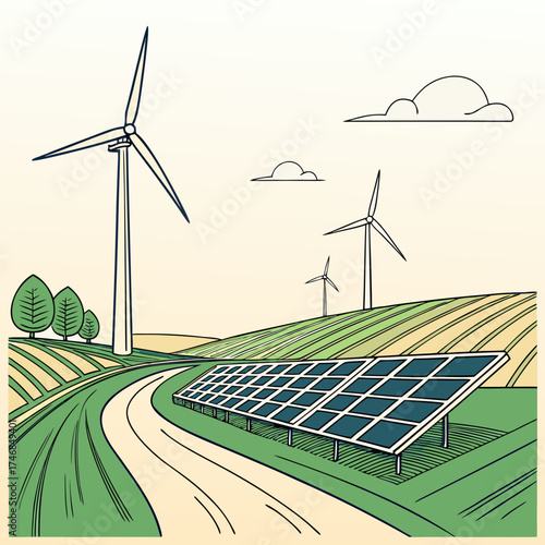 Illustration of a rural landscape with wind turbines and solar panels, showcasing renewable energy sources and sustainable living, with a winding road and rolling hills under a clear sky