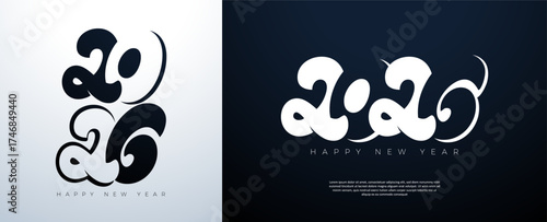Happy New Year 2026 Logo Typography Design with Abstract Number on White and Black Background. Christmas Holiday Greeting Card Illustration with Typography Lettering for Calendar, Flyer, Banner