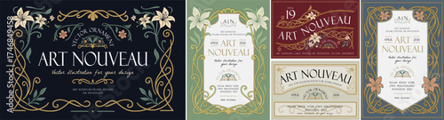 Elegant Art Nouveau vector set with ornate floral frame, vintage typography, flowers, ornament, plant and decorative design elements for wedding invitation, poster, card, border or classic branding