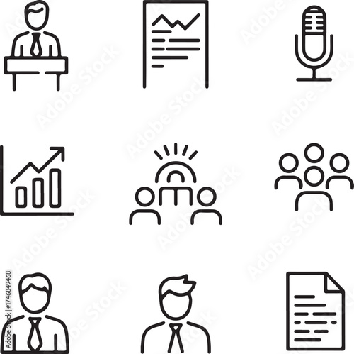 Corporate Speaker Hand-Drawn Line Icon Pack Leader, Podium, Speech Notes, Microphone, Chart, Audience, and Business Icons