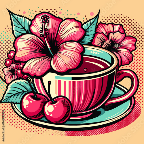 Cherry hibiscus tea in pop art style
