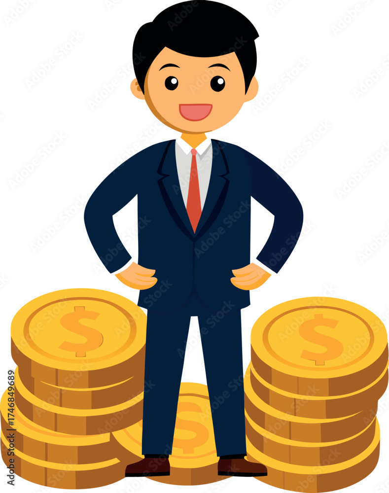 businessman illustration, financial success cartoon, money investor art, gold coin wallpaper, success achievement design, wealth concept artwork, business character cartoon, businessman with coin, mon
