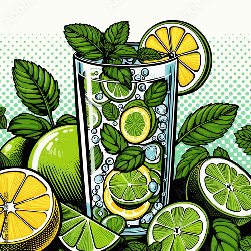 Citrus mint drink with lemon and lime in retro pop art style