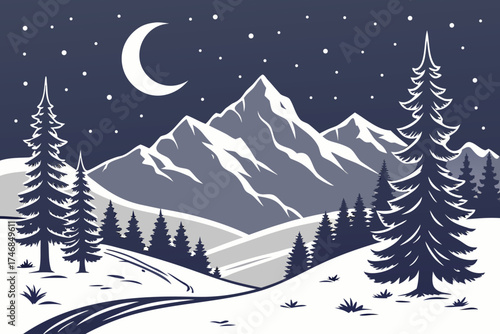  winter landscape, snowy mountains, pine trees, crescent moon, night sky, stars, snow, digital art