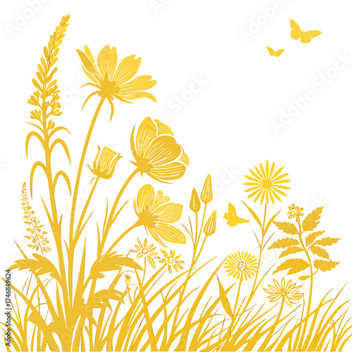 Vector art of a delicate vector illustration captures the essence of a golden spring meadow, , with wildflowers swaying gently, creating a serene and enchanting atmosphere