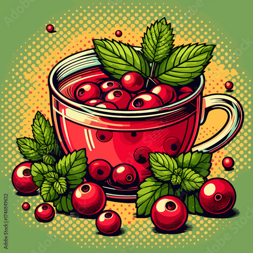 Cranberry tea with mint leaves in retro pop art style