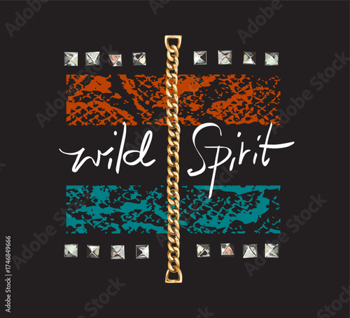 wild spirit calligraphy slogan with gold chain lace and silver rivets vector illustration 
