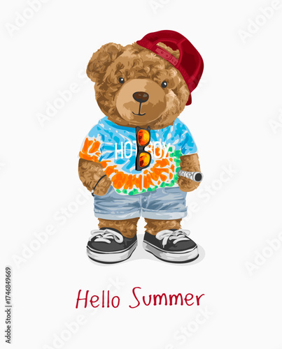 bear doll in summer tie dye fashion vector illustration - hand drawn
