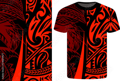 Red and Black Tribal T-Shirt Design with Polynesian Motifs, Red Tribal Shirt template with Polynesian Tattoo Motif, Polynesian, Samoan, Island, ethnic traditional cultural dress design vector template