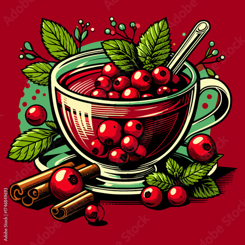 Cranberry tea with cranberries and mint leaves in bold pop art style