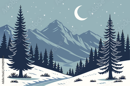  winter landscape, snowy mountains, pine trees, crescent moon, night sky, stars, snow, digital art