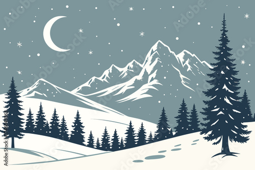  winter landscape, snowy mountains, pine trees, crescent moon, night sky, stars, snow, digital art