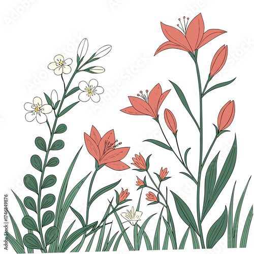 Vector art of colorful lily flowers in bloom the lily is a tall, herbaceous flowering plant, and is a popular choice for bouquets and flower arrangements