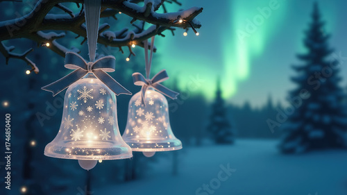 Transparent ice bells elegantly chiming with crystal melodies on tree when glowing children pass by under northern lights. Ornaments for Christmas and New Year celebration. Bells for Christmas and New