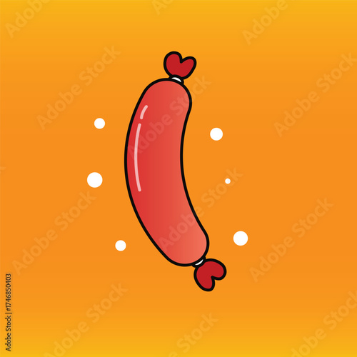 A pink sausage with heart-shaped ends appears to float against a bright orange background, creating a cheerful and appetizing impression with a modern and simple vibe