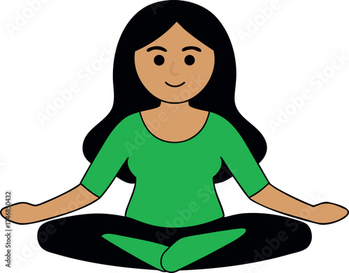 woman meditating art, yoga woman illustration, meditation wallpaper design, relaxed posture woman, green dress artwork, mindfulness wallpaper art, peaceful sitting illustration, female yoga art, morni