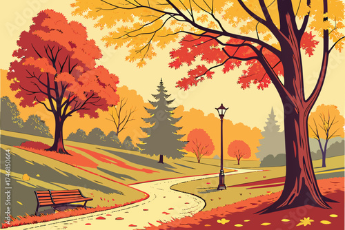  vibrant autumn landscape,scenic autumn forest,fall foliage trees,winding path through autumnal park,vivid seasonal colors,warm lighting,detailed nature scene,stunning outdoor scenery,lush forest wi